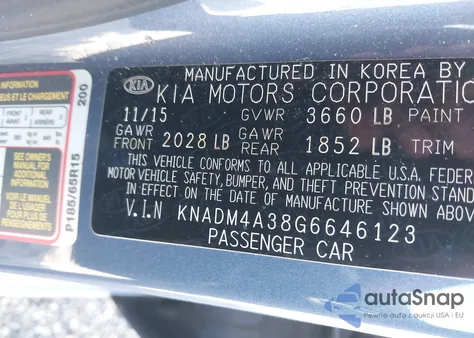 2016 Kia Rio Lx z USA, uszkodzony, nr VIN KNADM4A38G6646123